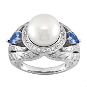 Cultured Freshwater Pearl with Tanzanite & White Zircon Silver‎ Ring, Sz 8 JTV